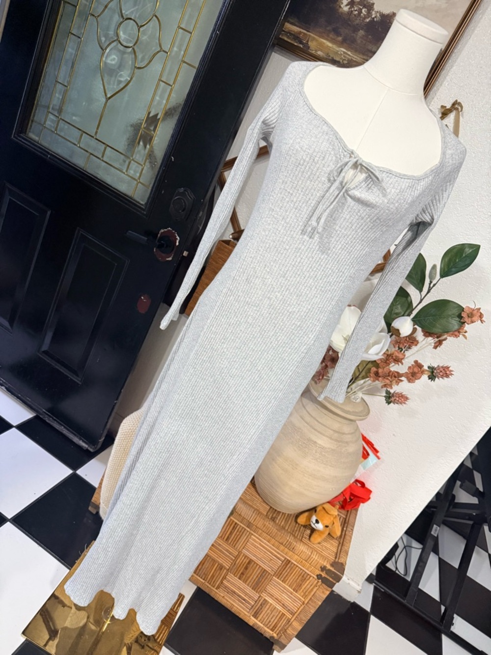 aerie Light Gray Ribbed Long-Sleeve Maxi Dress with Front Tie